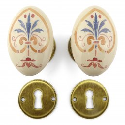 Türknäufe Porzellan Set oval FIORATA Messing Antik 1578-530-LV-2