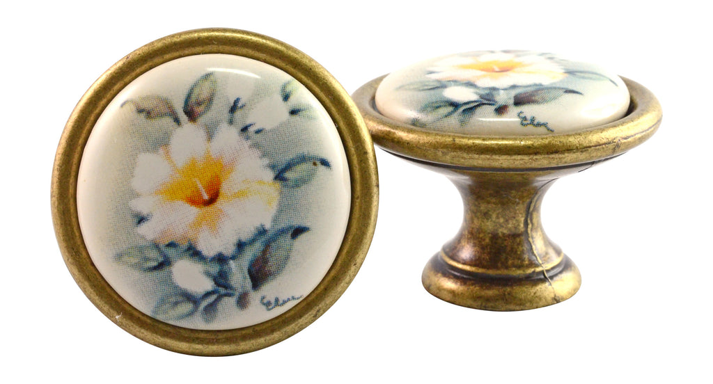 Landhausstil Ø 34mm Porzellanknopf HIBISCUS mit Rand Florence