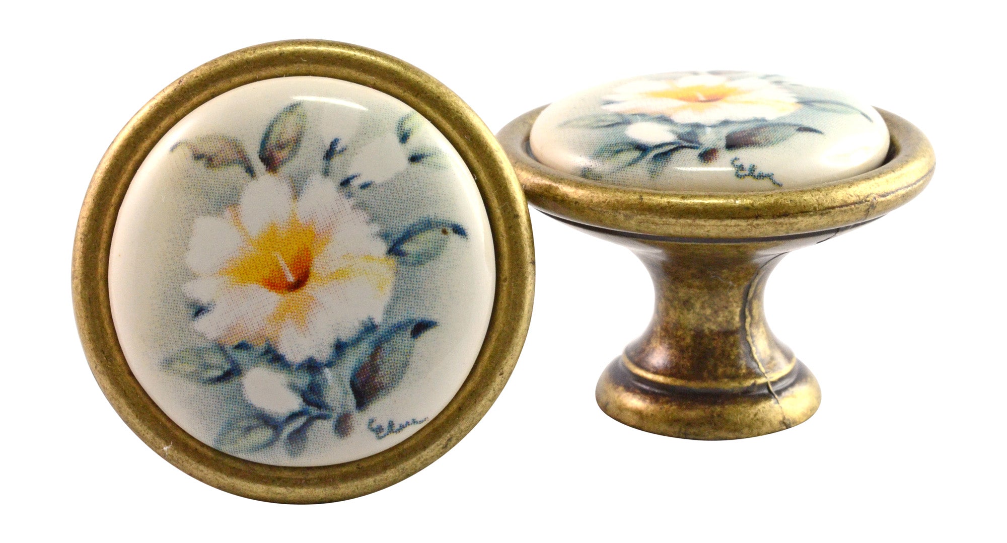 Landhausstil Ø 34mm Porzellanknopf HIBISCUS mit Rand Florence