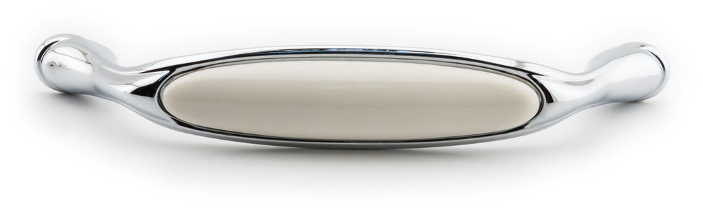 Großer Vintage Küchengriff 128mm Porzellan FORTE creme Chrom poliert
