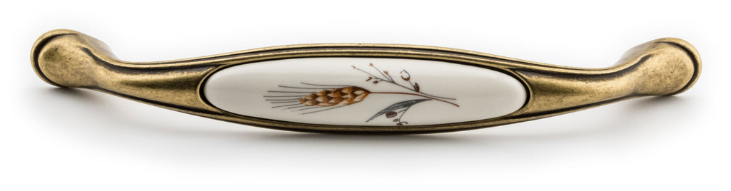 Extra Großer Vintage Küchengriff 160mm Porzellan FORTE creme mit Ähre Messing Florence