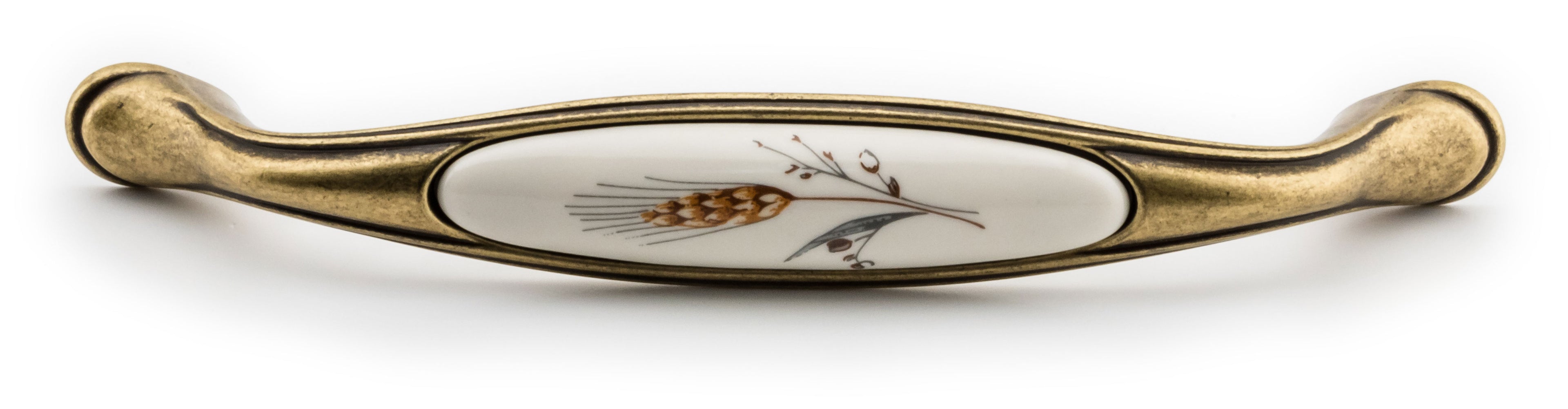 Extra Großer Vintage Küchengriff 160mm Porzellan FORTE creme mit Ähre Messing Florence