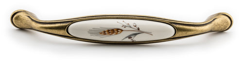Extra Großer Vintage Küchengriff 160mm Porzellan FORTE creme mit Ähre Messing Florence