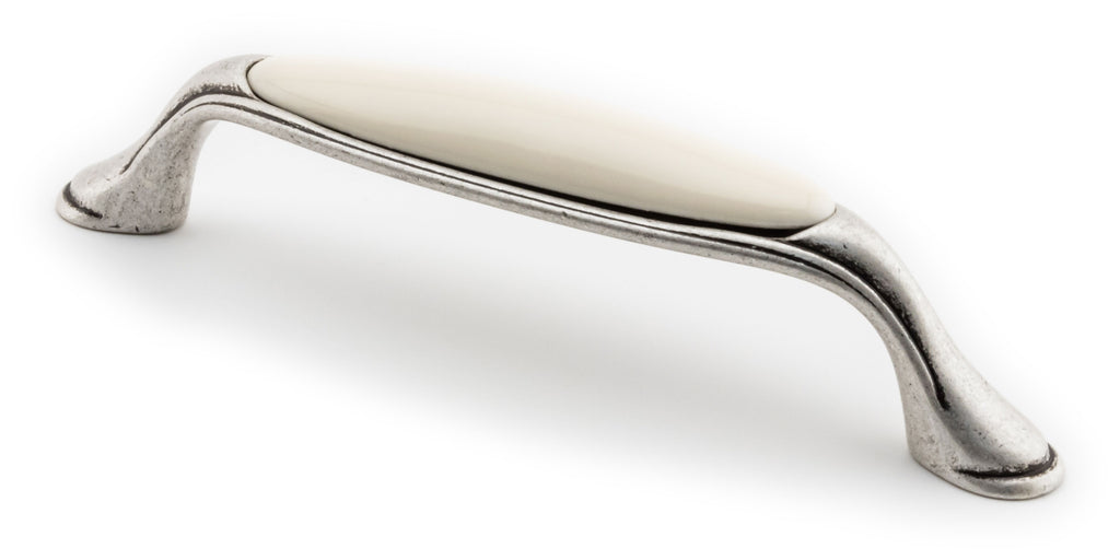 Großer Vintage Küchengriff 128mm Porzellan FORTE creme silbermatt