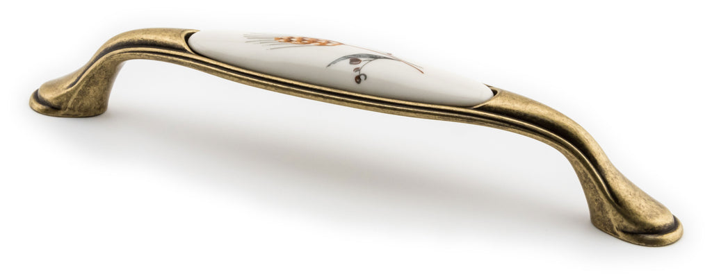 Extra Großer Vintage Küchengriff 160mm Porzellan FORTE creme mit Ähre Messing Florence