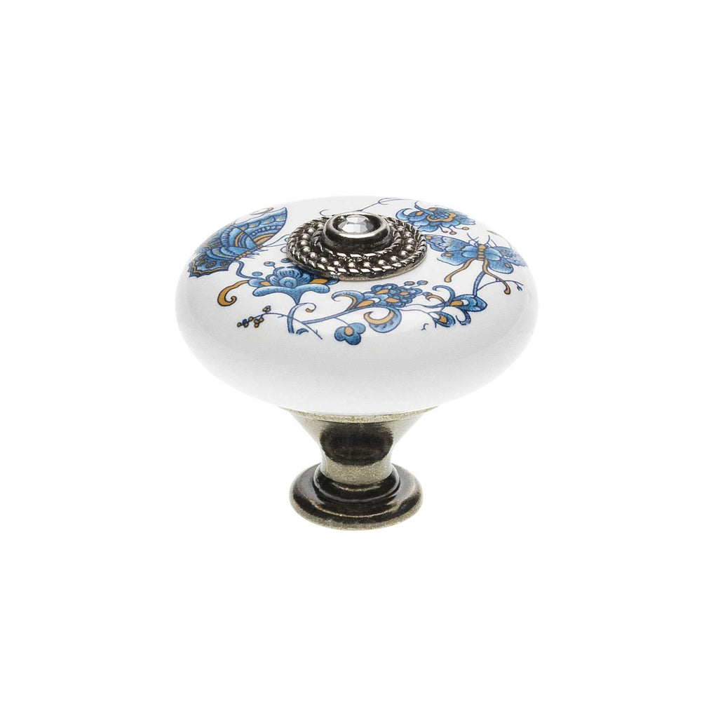 Landhausstil Ø 38mm Porzellanknopf mit Strassstein altsilbern
