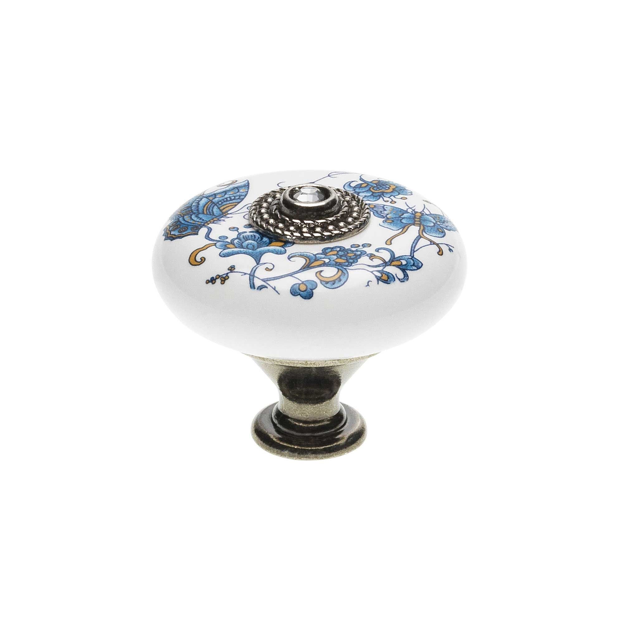 Landhausstil Ø 38mm Porzellanknopf mit Strassstein altsilbern