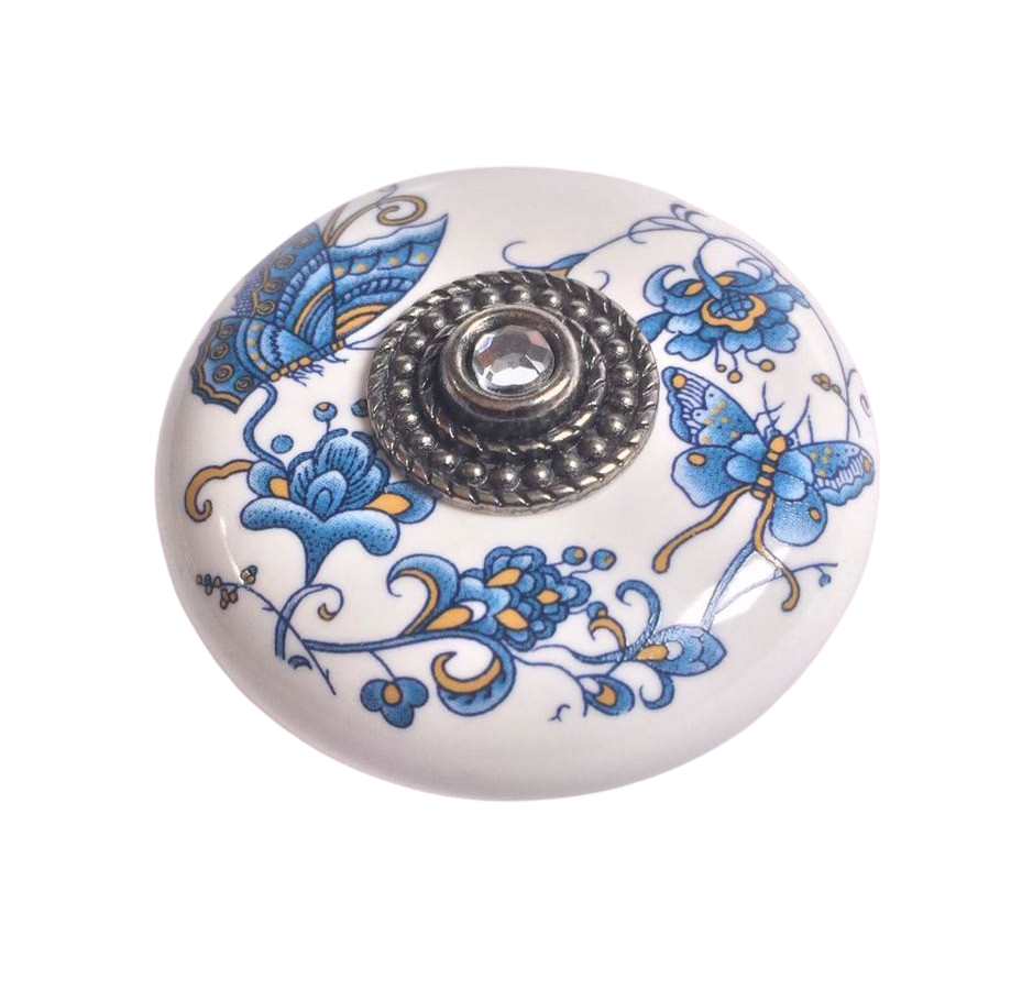Landhausstil Ø 38mm Porzellanknopf mit Strassstein altsilbern