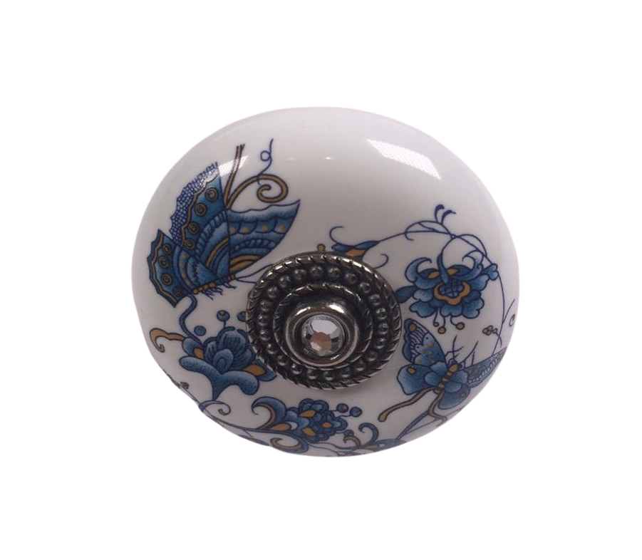 Landhausstil Ø 38mm Porzellanknopf mit Strassstein altsilbern