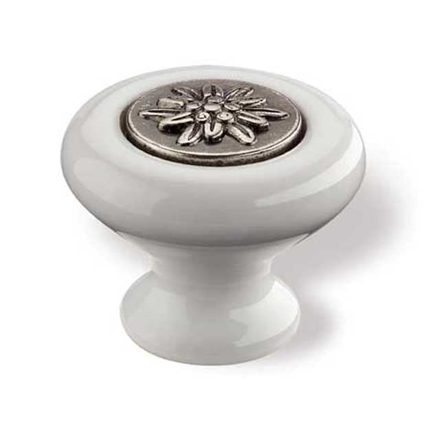 Landhausstil Porzellanknopf mit Edelweiss altsilber
