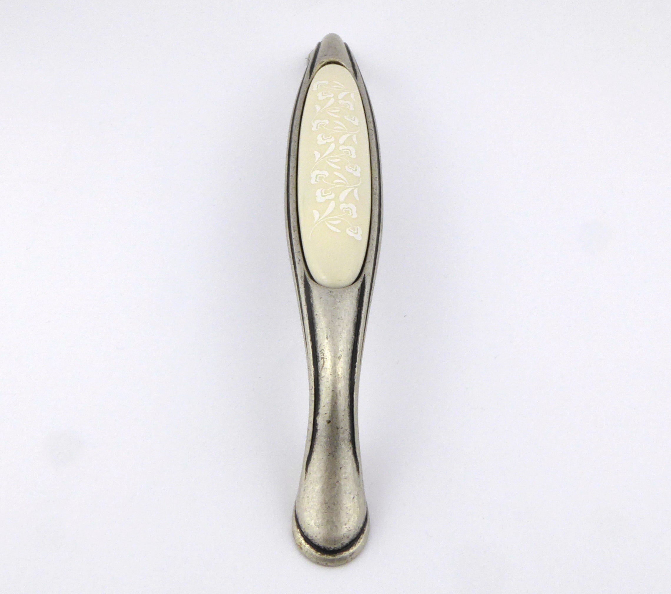 Extra Großer Vintage Küchengriff 160mm Porzellan FORTE creme Florales Muster weiß Silbermatt
