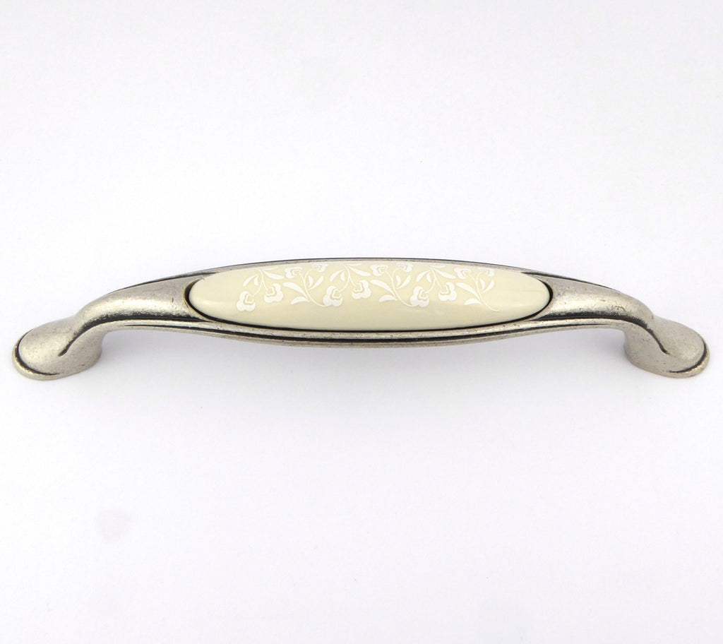 Extra Großer Vintage Küchengriff 160mm Porzellan FORTE creme Florales Muster weiß Silbermatt