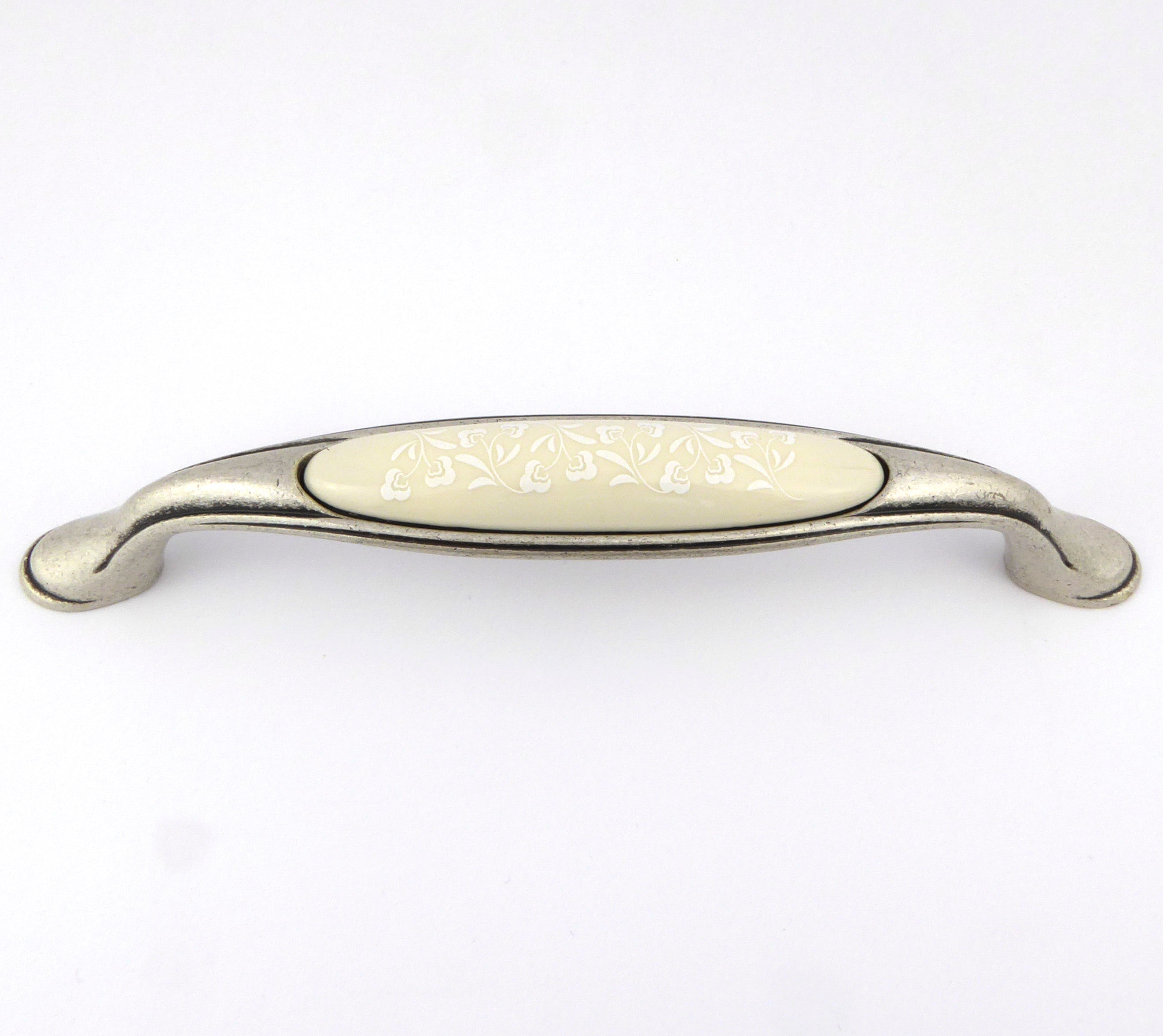 Extra Großer Vintage Küchengriff 160mm Porzellan FORTE creme Florales Muster weiß Silbermatt
