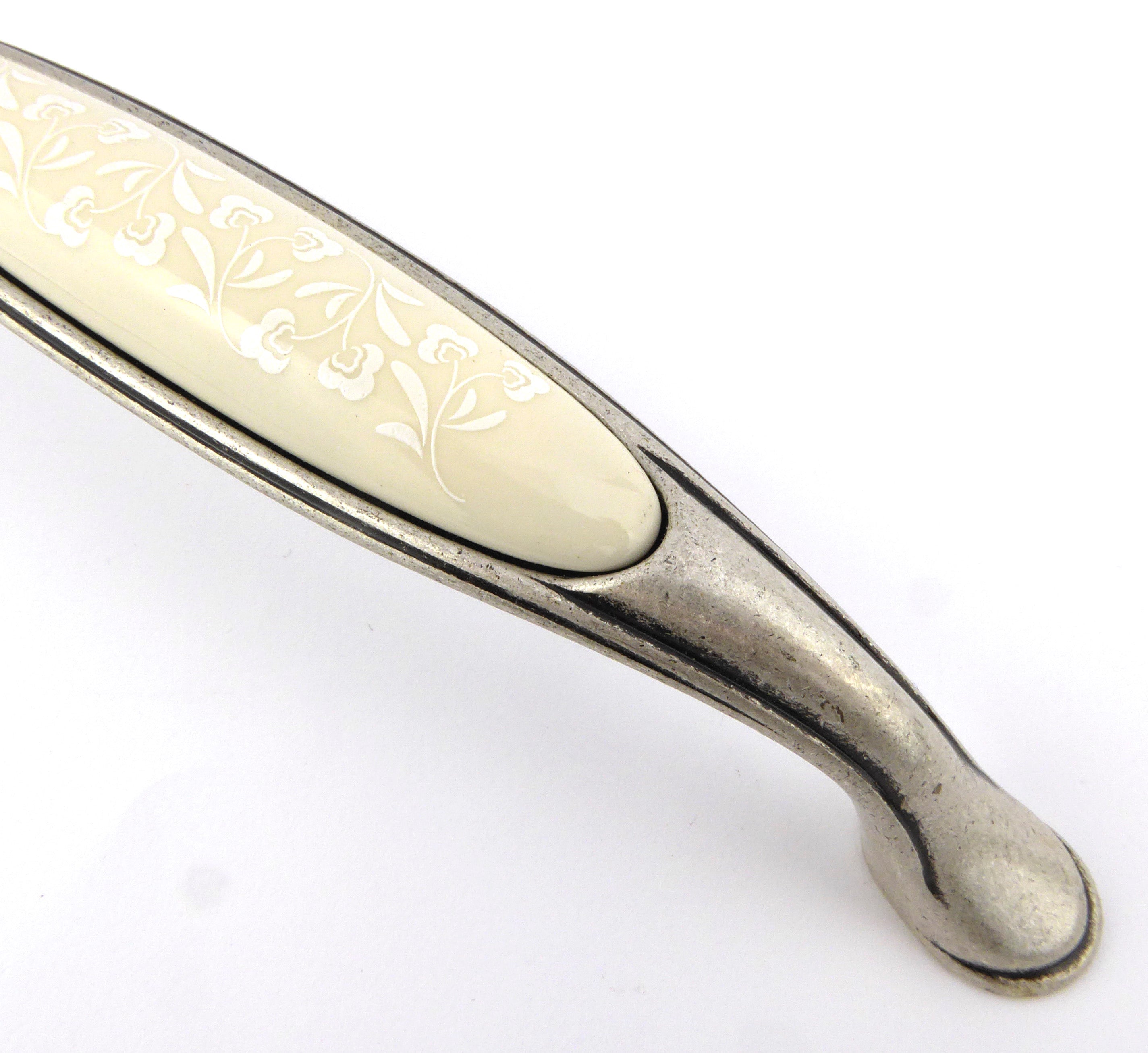 Extra Großer Vintage Küchengriff 160mm Porzellan FORTE creme Florales Muster weiß Silbermatt