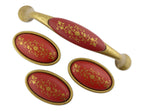 Potpourri Knäufe und Griff Set 4-teilig mit Porzellan-Inlay Dunkelrot mit Goldmuster