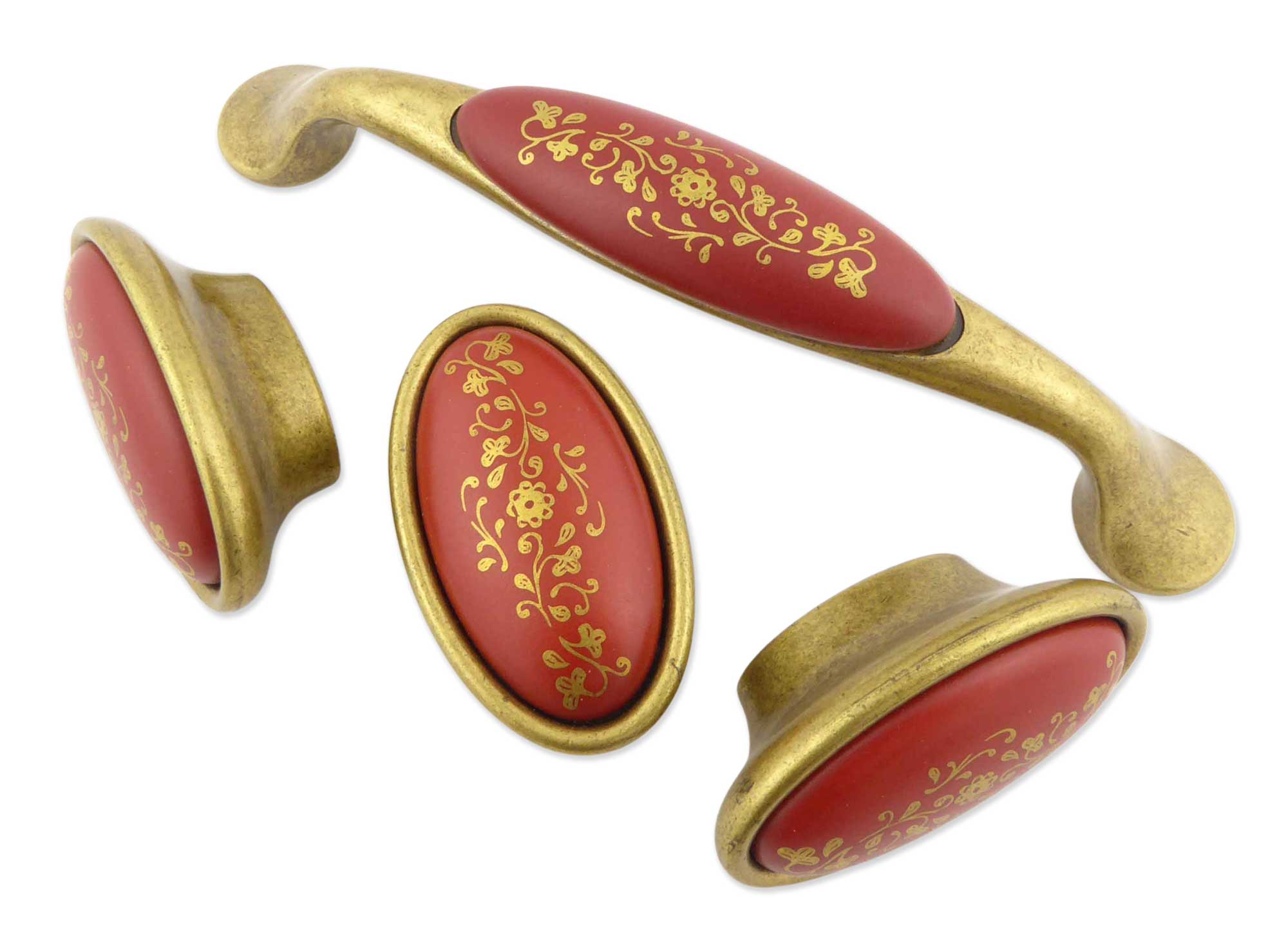 Potpourri Knäufe und Griff Set 4-teilig mit Porzellan-Inlay Dunkelrot mit Goldmuster
