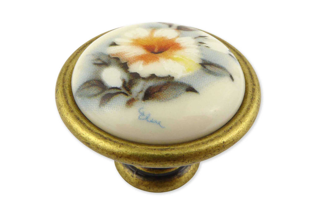 Landhausstil Ø 34mm Porzellanknopf HIBISCUS mit Rand Florence