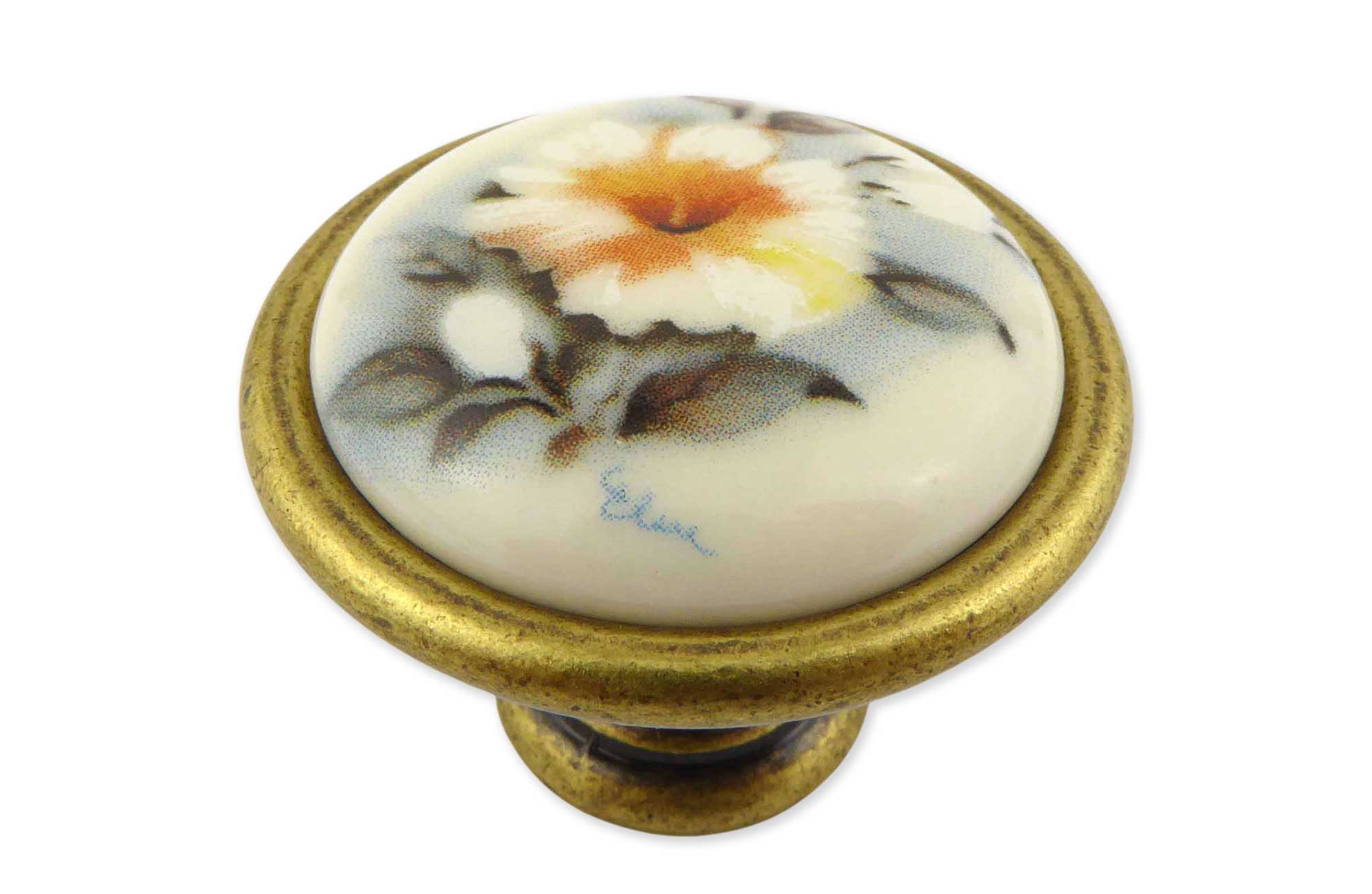 Landhausstil Ø 34mm Porzellanknopf HIBISCUS mit Rand Florence