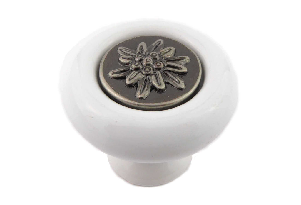 Landhausstil Porzellanknopf mit Edelweiss altsilber