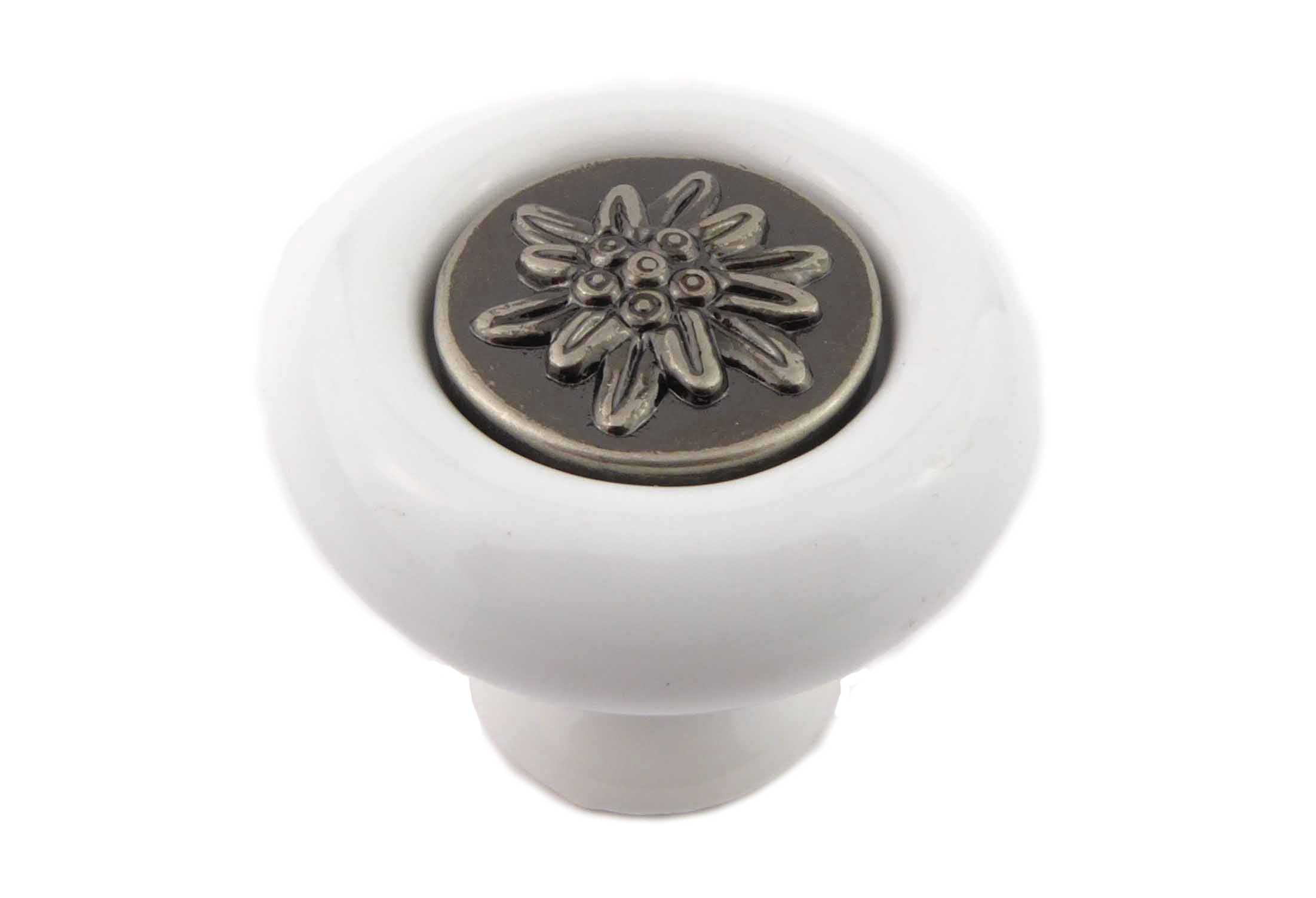 Landhausstil Porzellanknopf mit Edelweiss altsilber