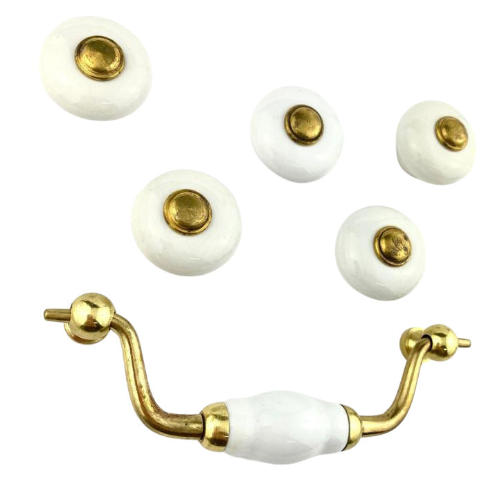 Potpourri Hängegriff und Knopf Golden/Weiß Set 6teilig
