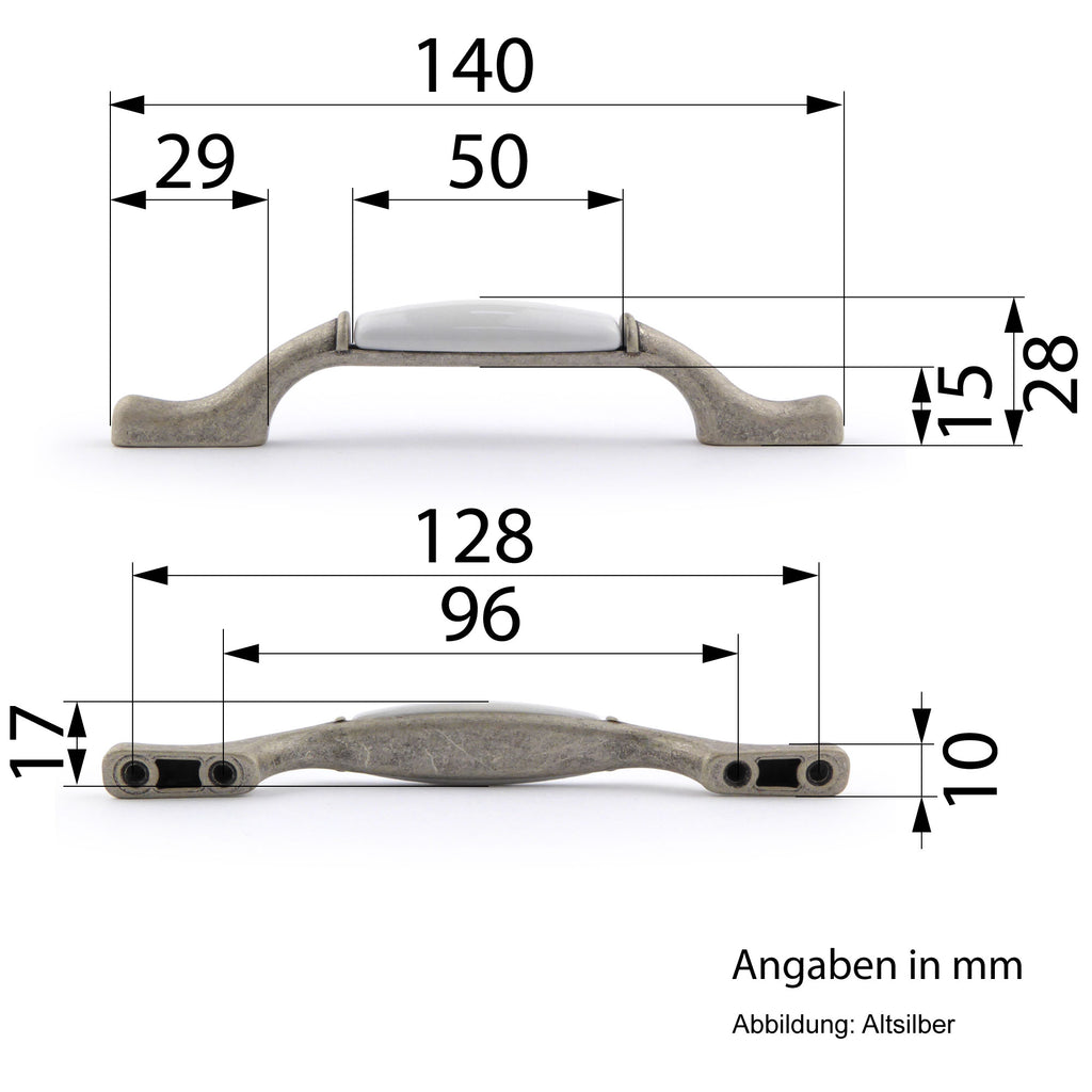 Landhaus Möbelgriffe PERUGIA mit Porzellan-Inlay weiß altsilbern