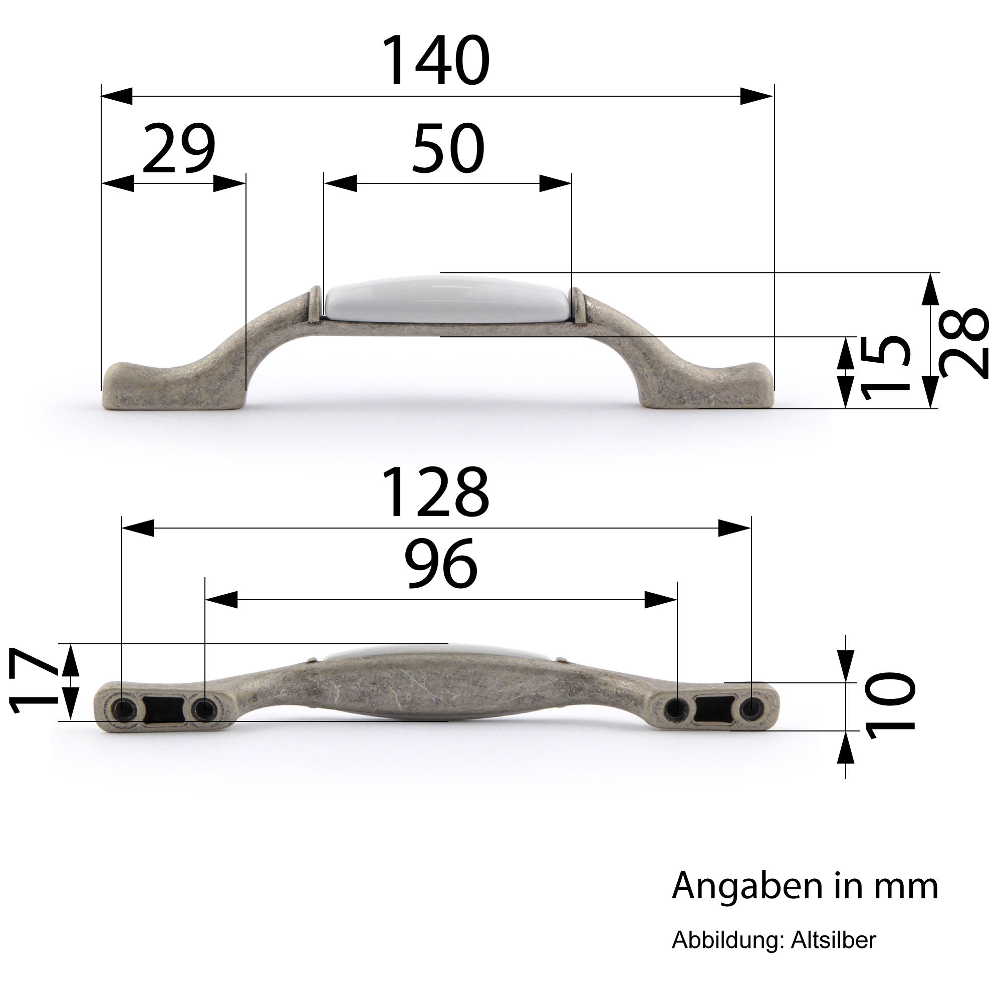 Landhaus Möbelgriffe PERUGIA mit Porzellan-Inlay weiß altsilbern
