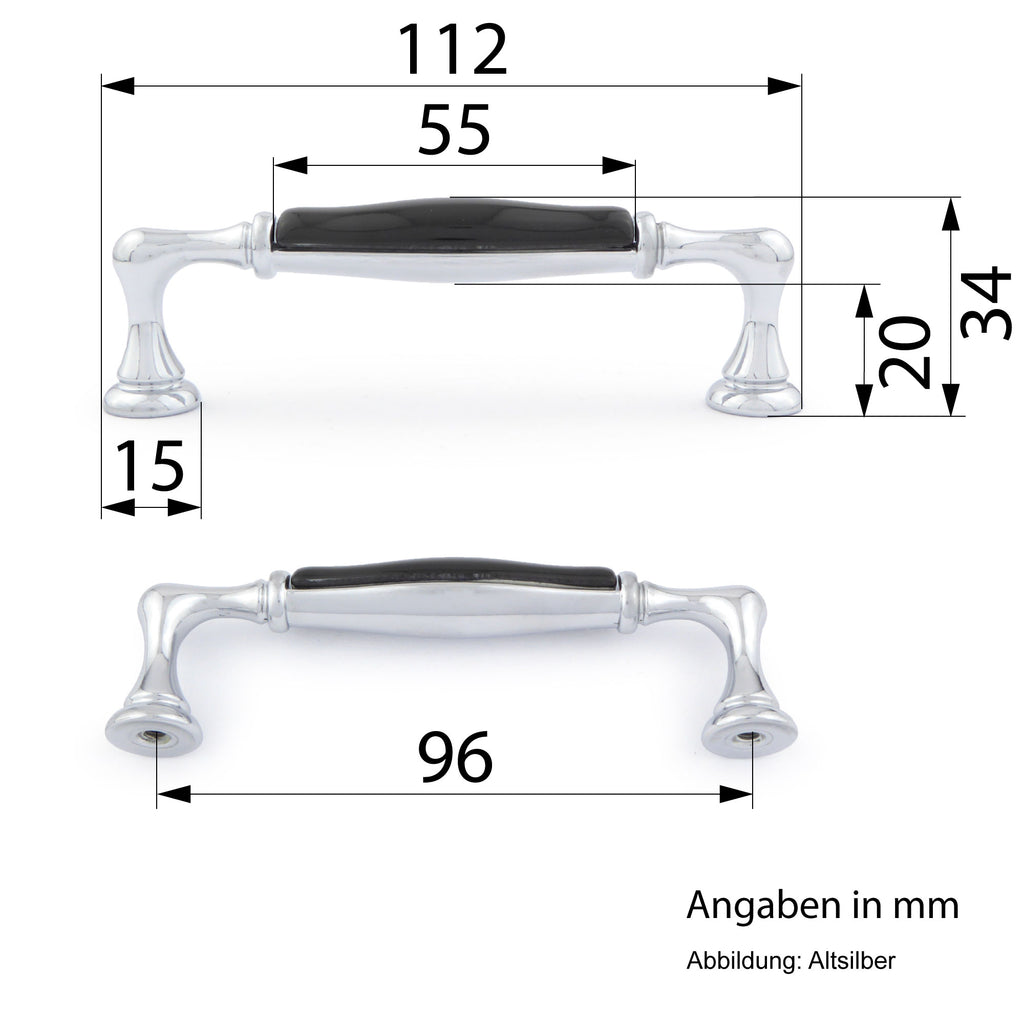 Landhausstil Küchengriff Porzellan ROMANTIC klein schwarz Chrom poliert