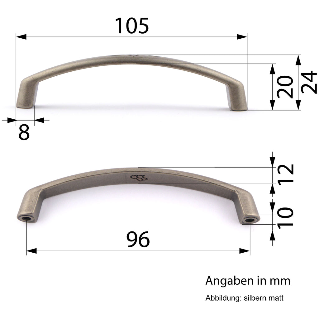 Bogengriff silbern matt mit Gravur klein