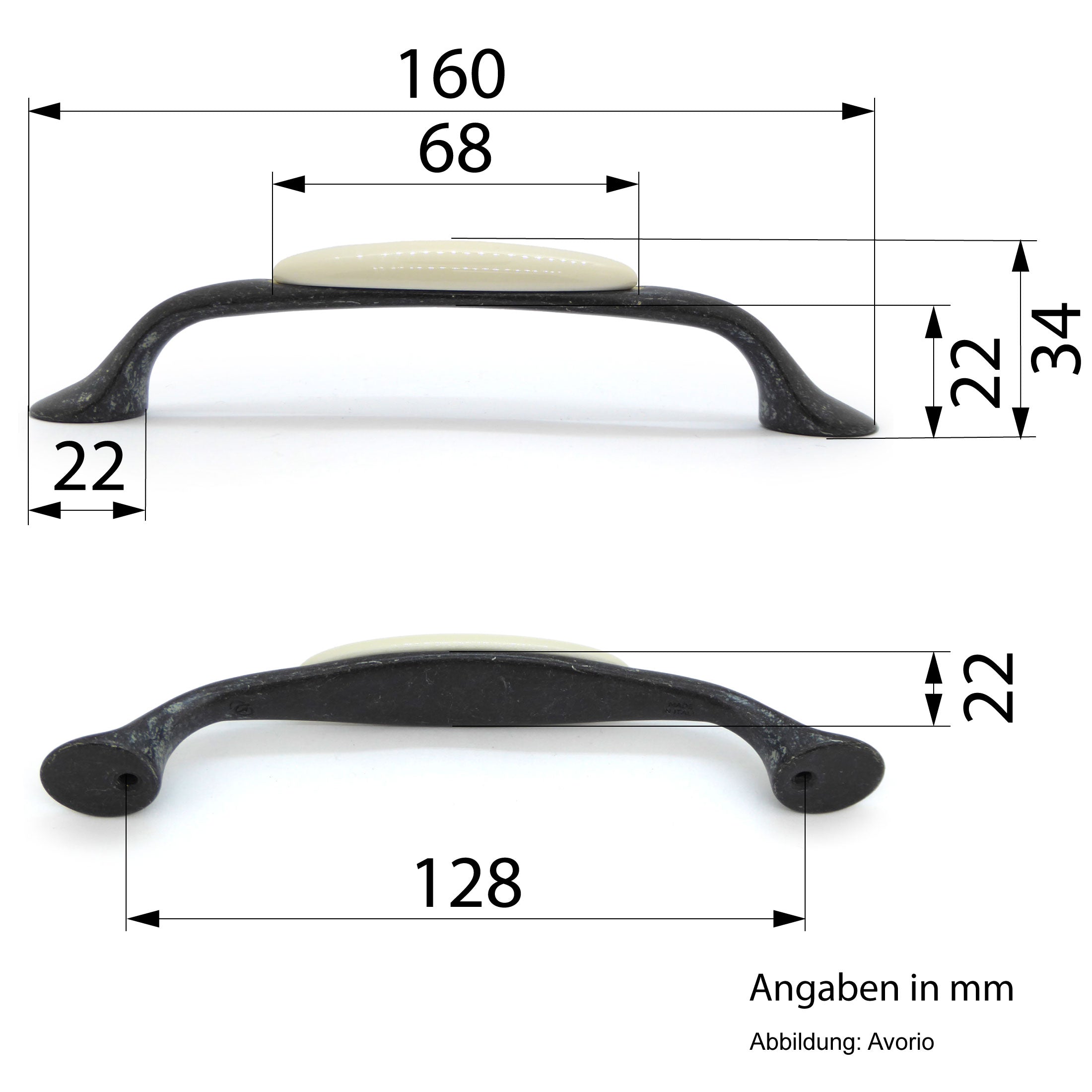 Landhausstil Bogengriffe mit Porzellan-Inlay creme Vintage Schwarz Avorio