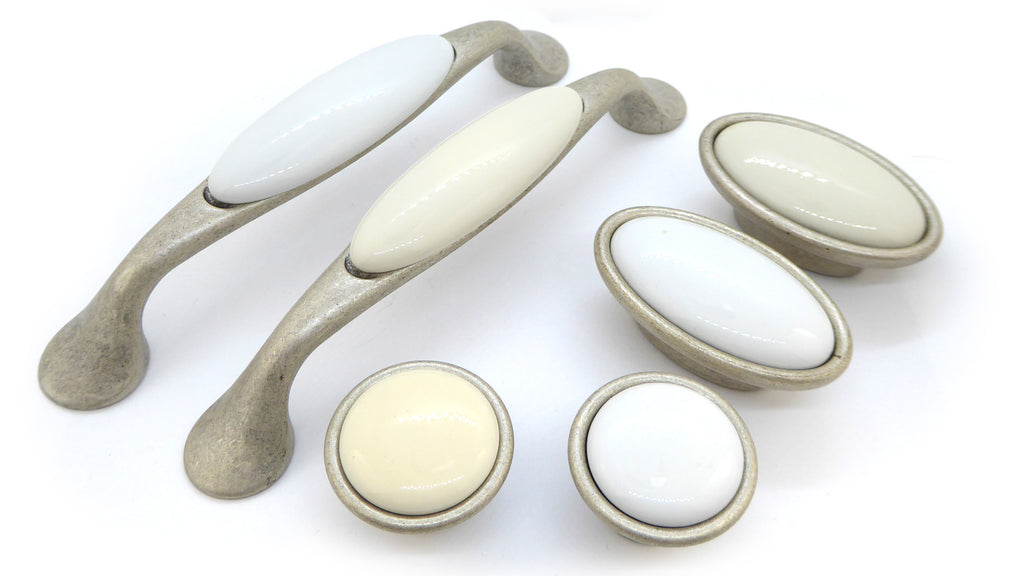 Landhausstil Ø 34mm Porzellanknopf weiß mit Rand altsilbern