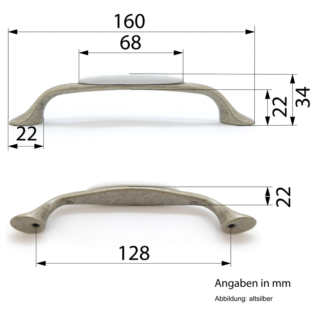 Landhausstil Bogengriffe mit Porzellan-Inlay weiß altsilbern