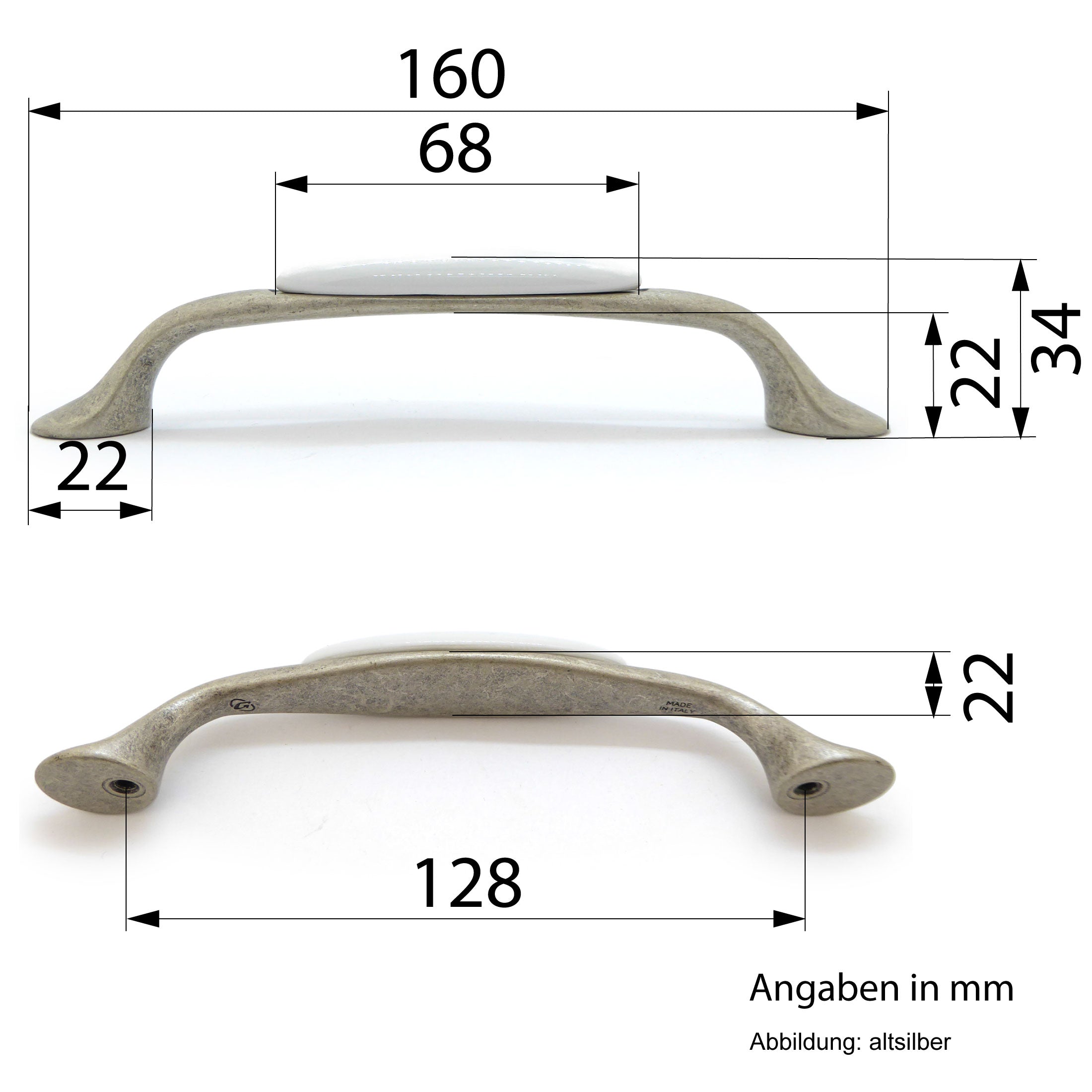 Landhausstil Bogengriffe mit Porzellan-Inlay weiß altsilbern