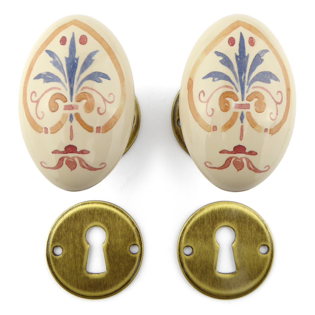 Türknäufe Porzellan Set oval FIORATA Messing Antik