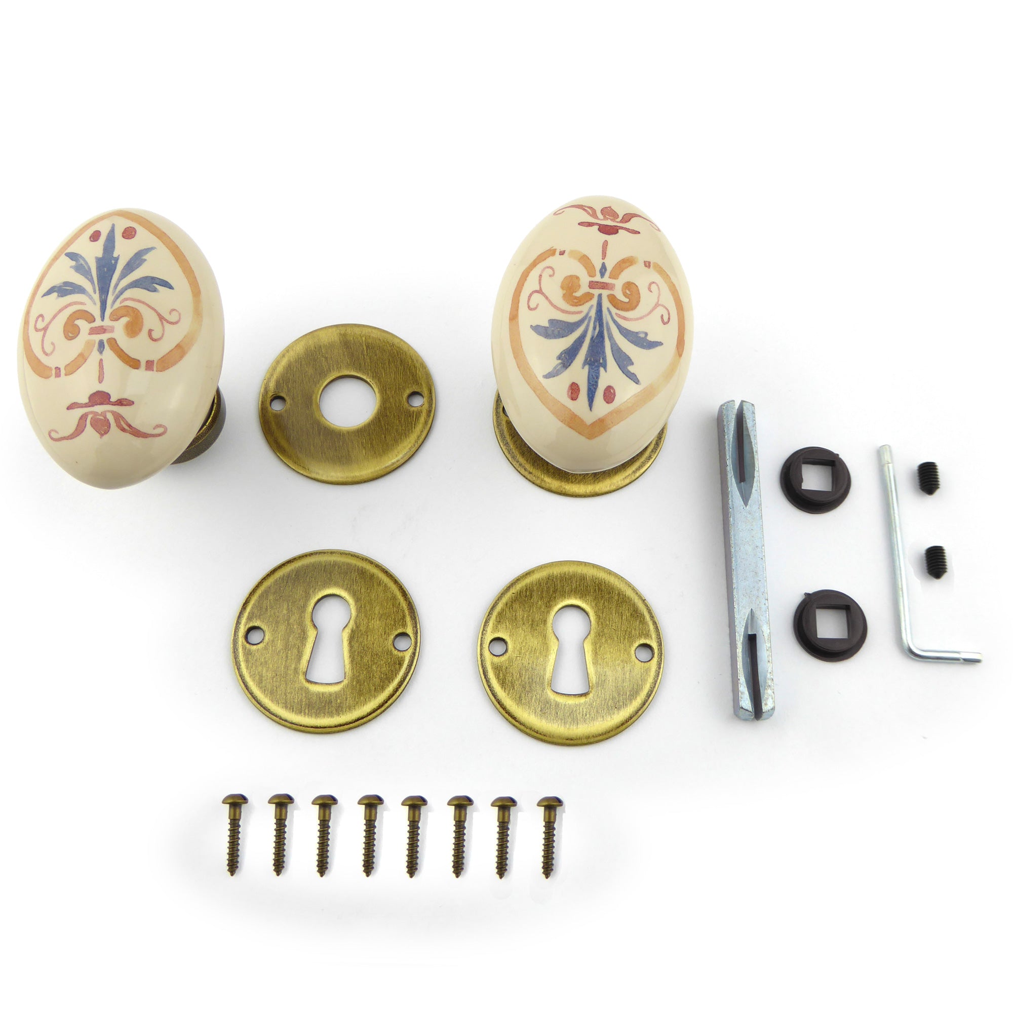 Türknäufe Porzellan Set oval FIORATA Messing Antik