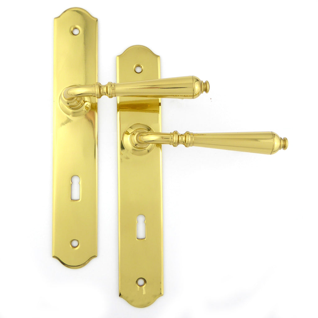 Langschildgarnitur MANOIR Messing poiiert 72mm Buntbart
