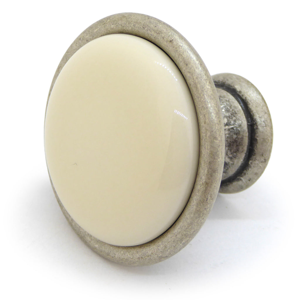 Landhausstil Ø 34mm Porzellanknopf cremefarben mit Rand altsilbern