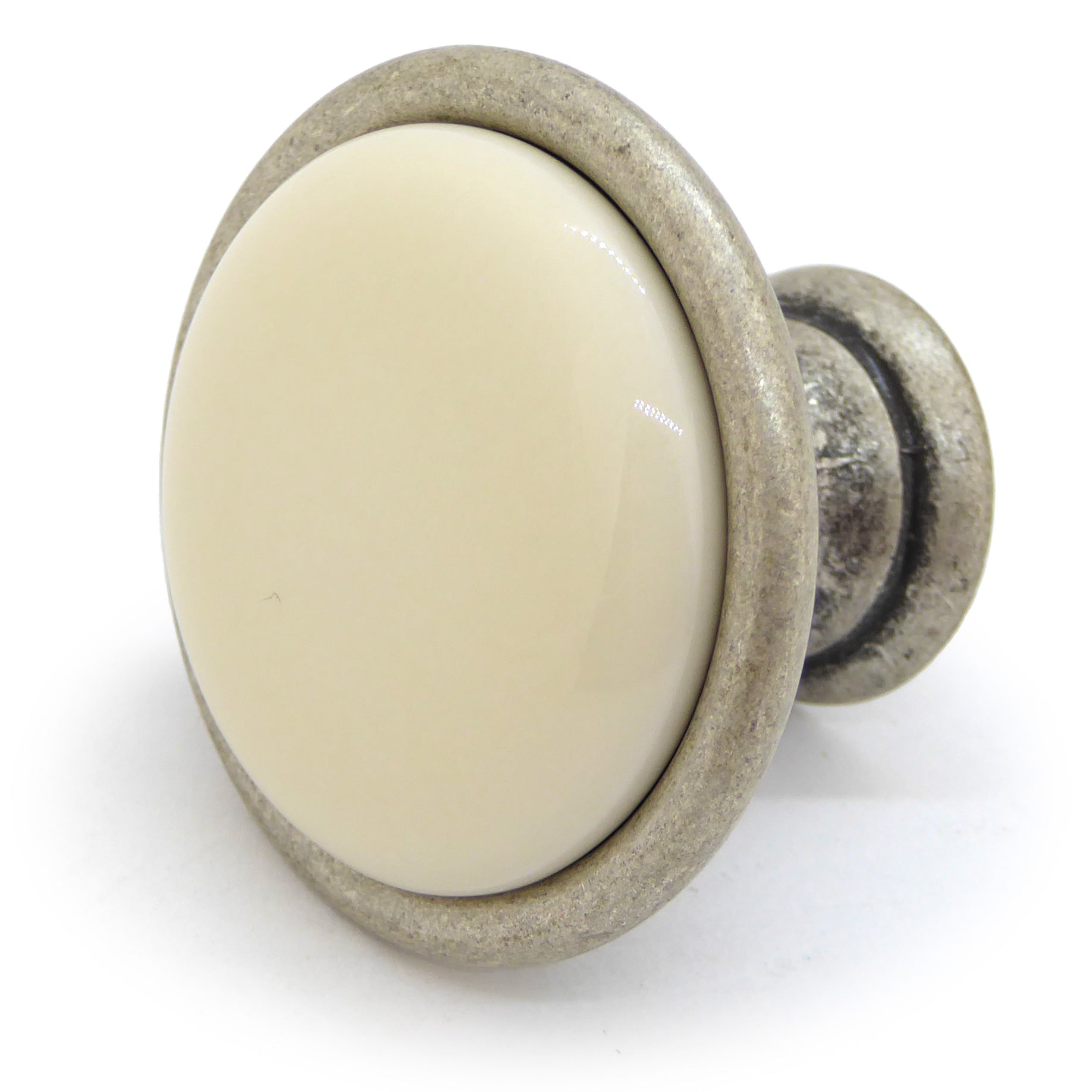 Landhausstil Ø 34mm Porzellanknopf cremefarben mit Rand altsilbern