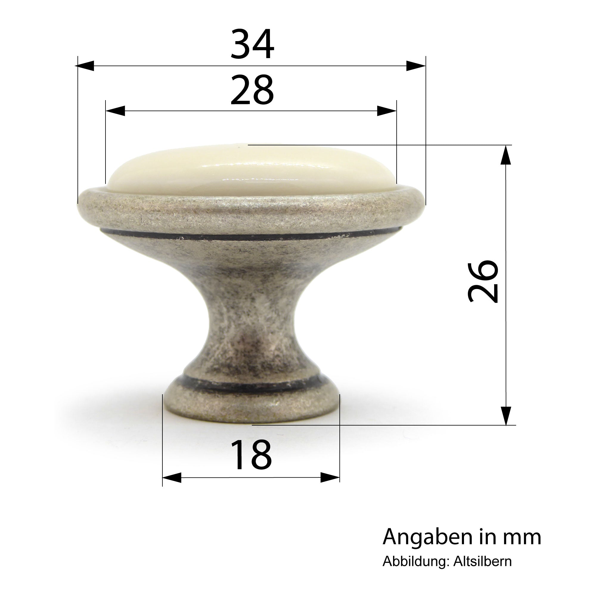 Landhausstil Ø 34mm Porzellanknopf cremefarben mit Rand altsilbern