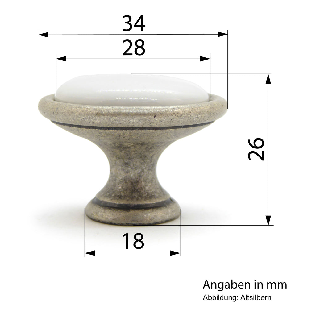 Landhausstil Ø 34mm Porzellanknopf weiß mit Rand altsilbern