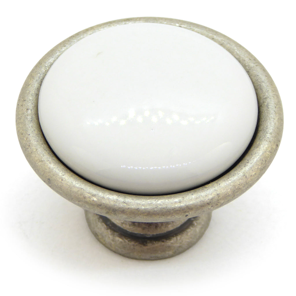 Landhausstil Ø 34mm Porzellanknopf weiß mit Rand altsilbern