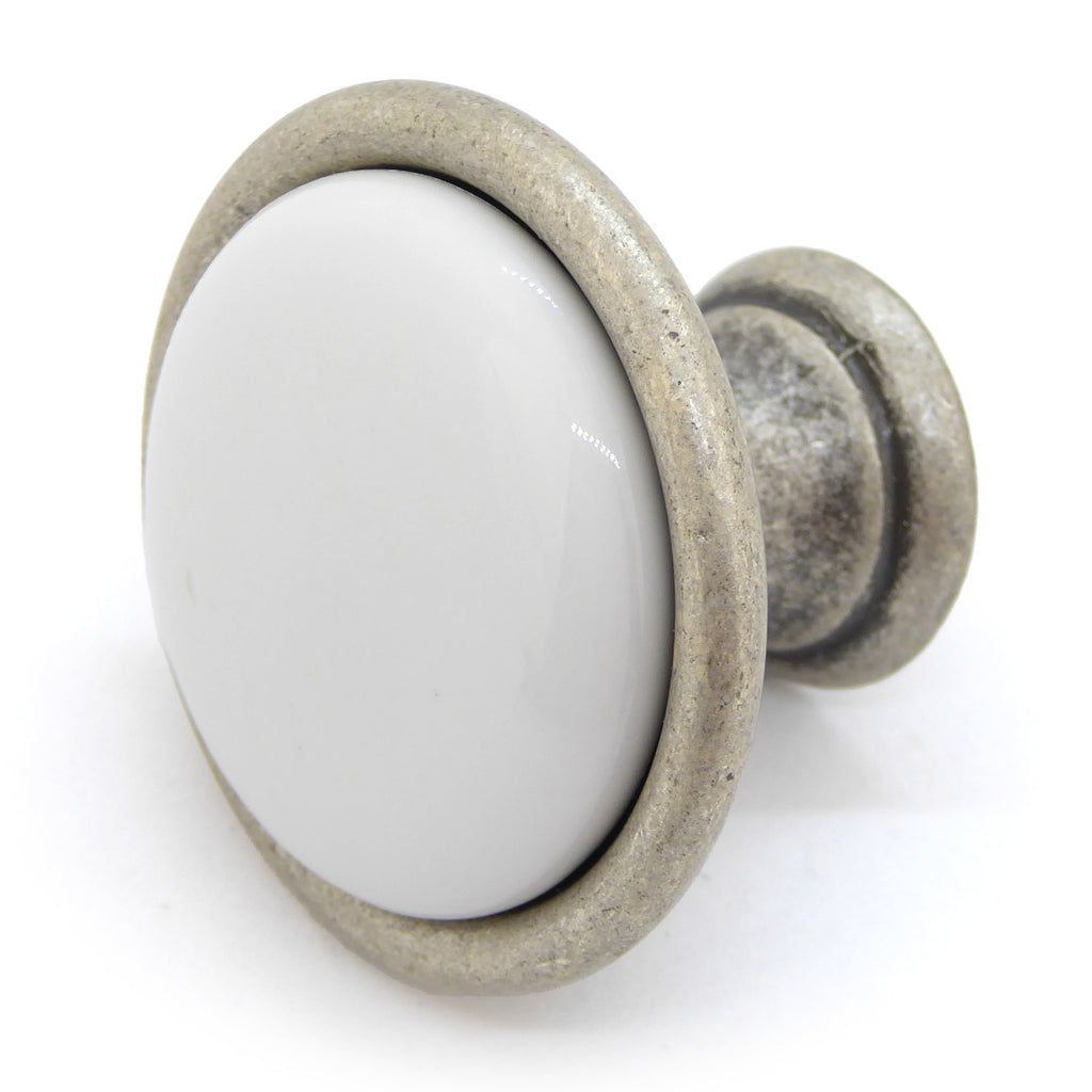 Landhausstil Ø 34mm Porzellanknopf weiß mit Rand altsilbern