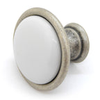 Landhausstil Ø 34mm Porzellanknopf weiß mit Rand altsilbern