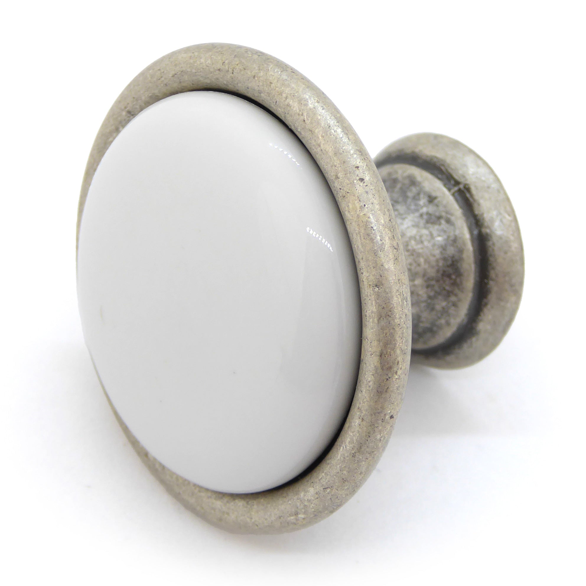 Landhausstil Ø 34mm Porzellanknopf weiß mit Rand altsilbern