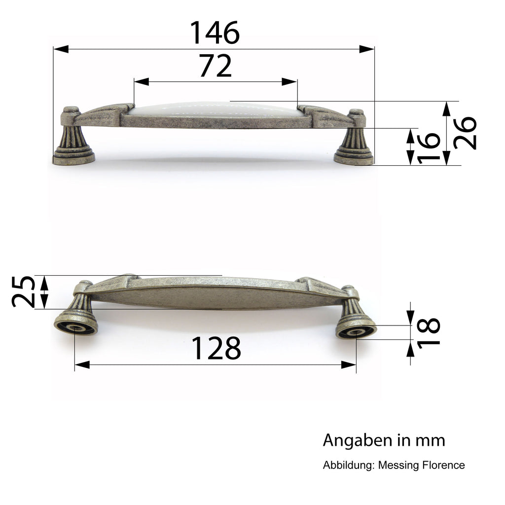 Landhausstil Möbelgriffe VENEZIA mit Porzellan-Inlay weiß altsilbern