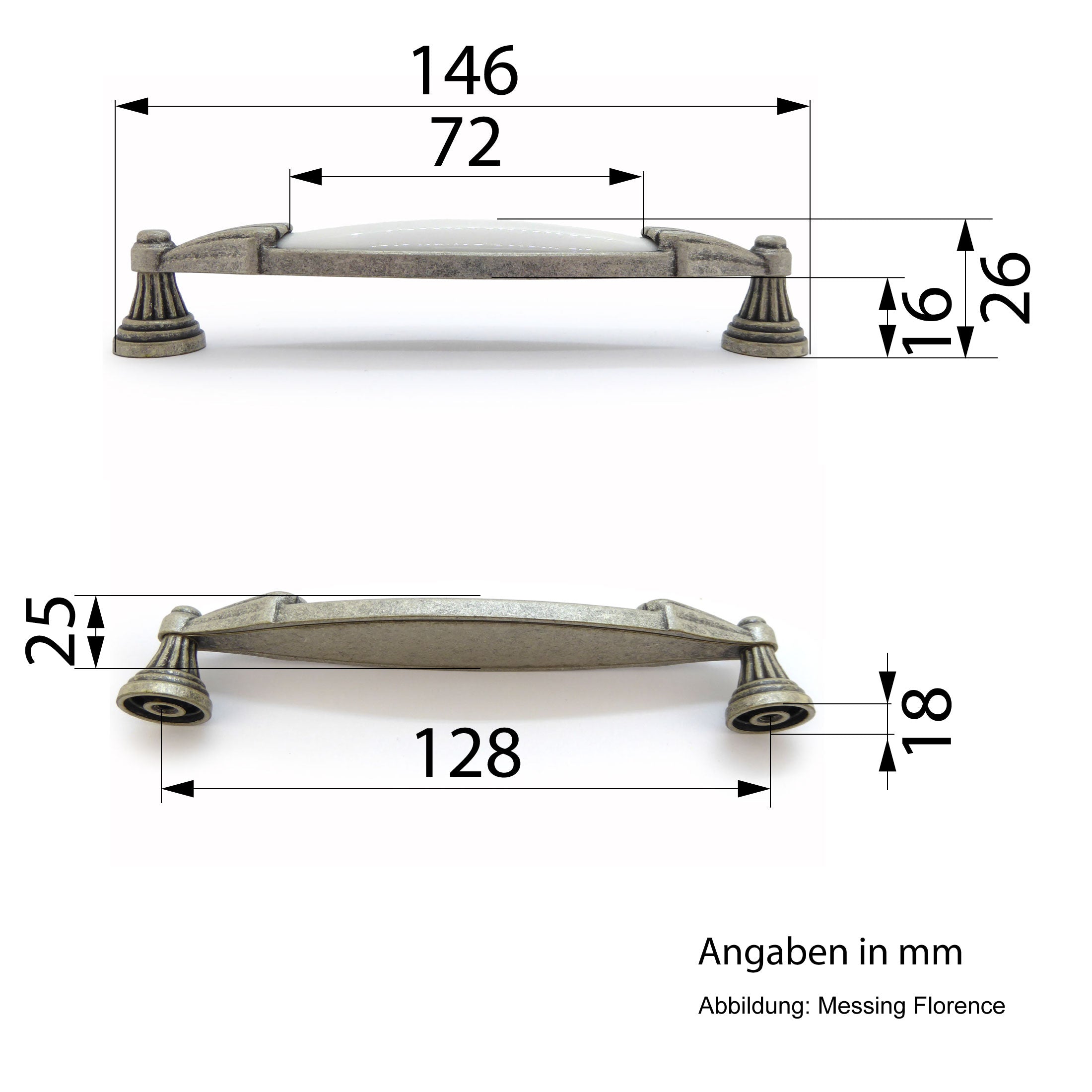 Landhausstil Möbelgriffe VENEZIA mit Porzellan-Inlay weiß altsilbern