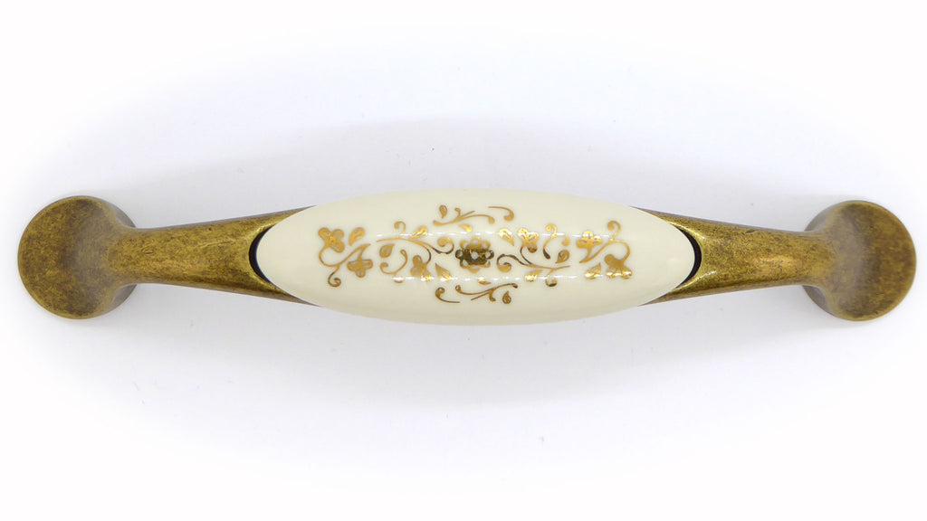 Landhausstil Bogengriffe mit Porzellan-Inlay creme mit Goldmuster