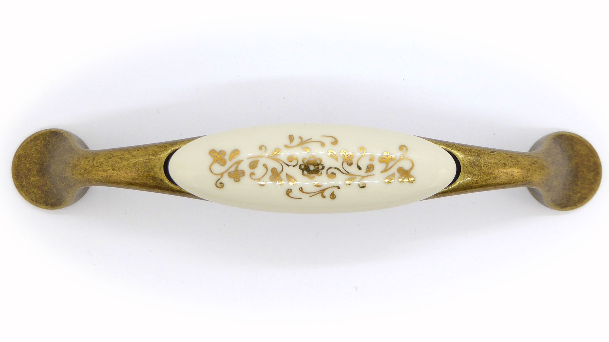Landhausstil Bogengriffe mit Porzellan-Inlay creme mit Goldmuster
