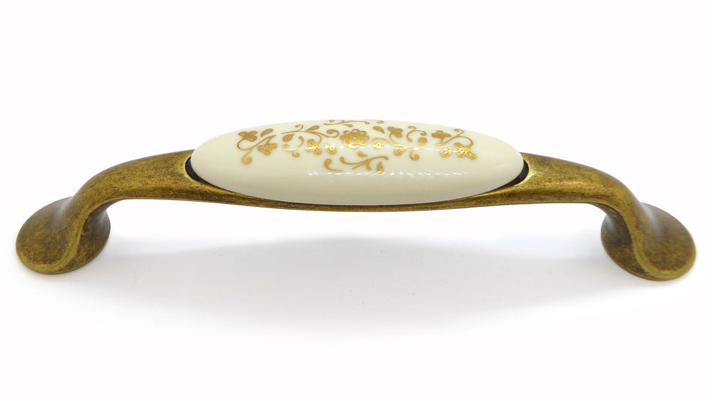 Landhausstil Bogengriffe mit Porzellan-Inlay creme mit Goldmuster