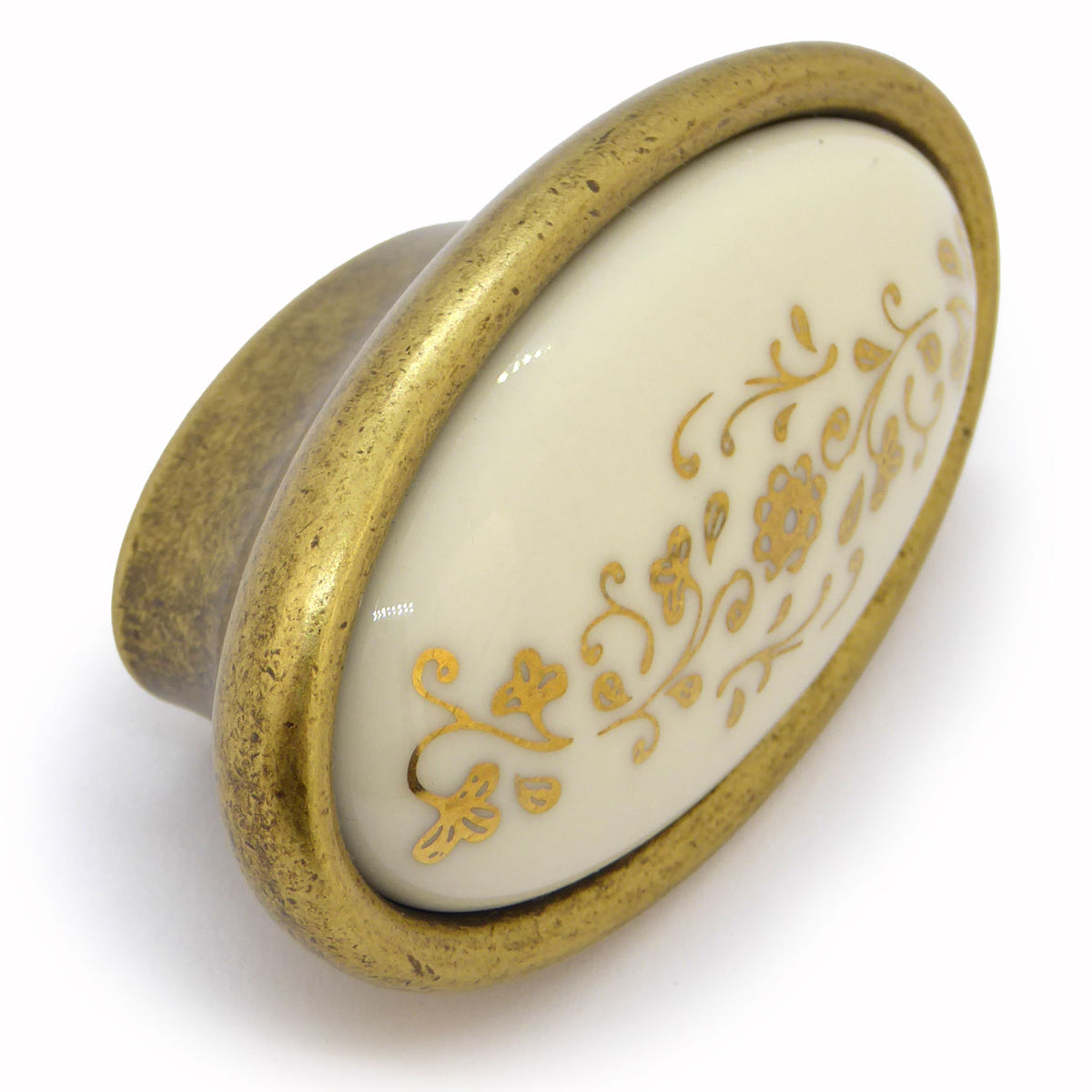 Vintage Möbelknauf mit Porzellan-Inlay creme mit Goldmuster